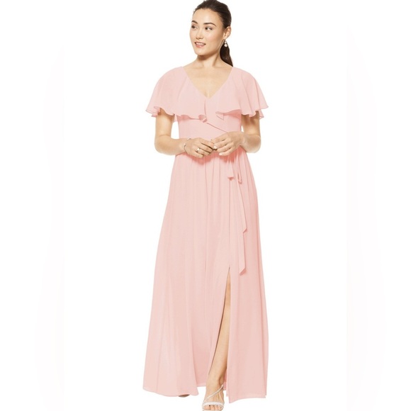 Bill Levkoff Chiffon Flutter Sleeve Bridesmaid Dress, Pistachio Green Formalwear - Picture 2 of 10